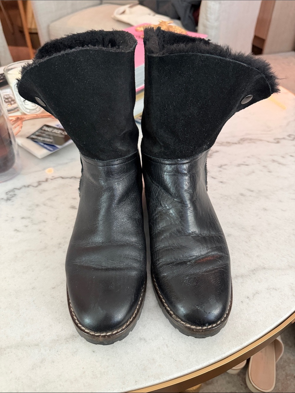 Women's Black Leather Shearling-Trim Winter Ankle Boots